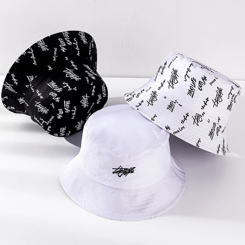 Two Side Bucket Hat One Side With Embroidery Logo on Front One Side With All Over Printed Logo Reversible Bucket Hat