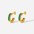 Non Tarnish Waterproof Chunky C-Shape Stud Earrings Stainless Steel Gold Emerald Green Earrings