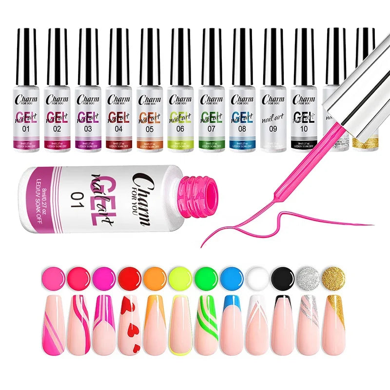 Nail Art Liner Gel Polish 12 Color Artistic DIY Painting Nail Art Nail Polish UV Gel Liner Set