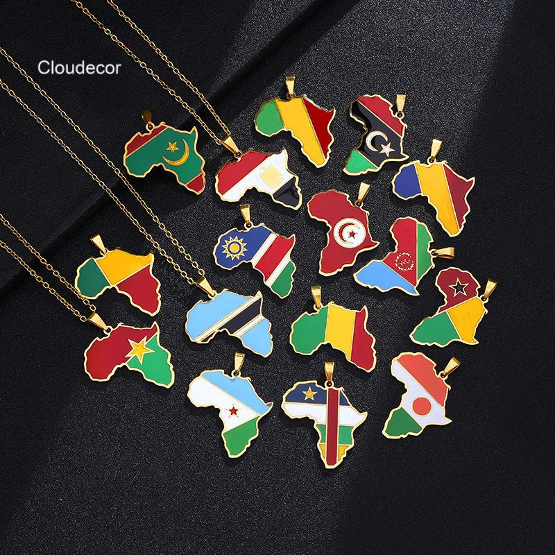 Libya Zambia Morocco South Africa Togo Cameroon Cote D'Ivoire Stainless Steel Enamel African Countriy Flag Map Pendant Necklace