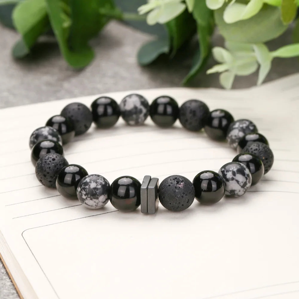 Snowflake Volcanic Stone Black Gallstone Bracelet Boys Buddha Bead Ethnic Style Bead Lava Stone Bracelet