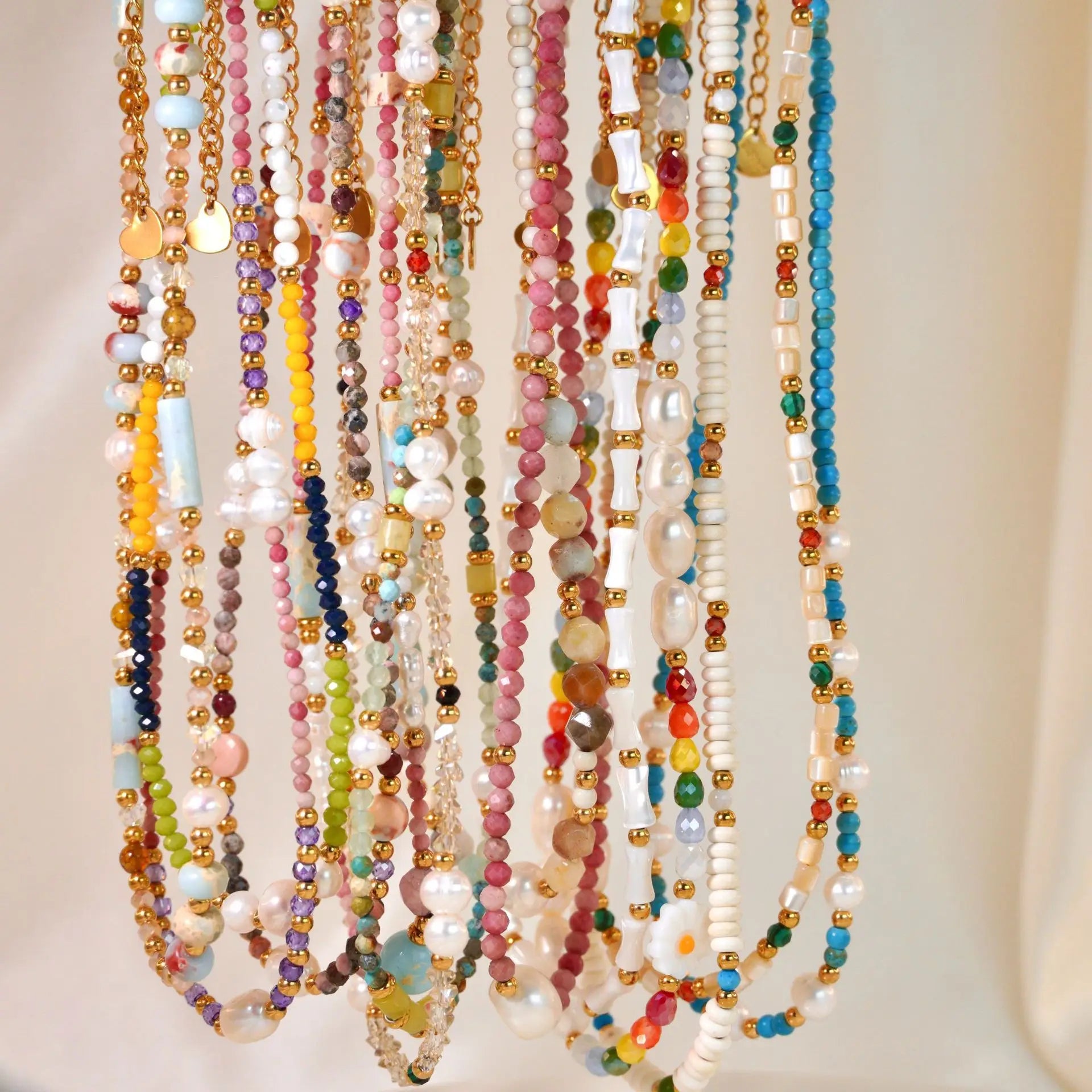 Spring and Summer New Ins Style Stainless Steel Necklace Natural Pearl Colorful Crystal Beaded Necklace for Women