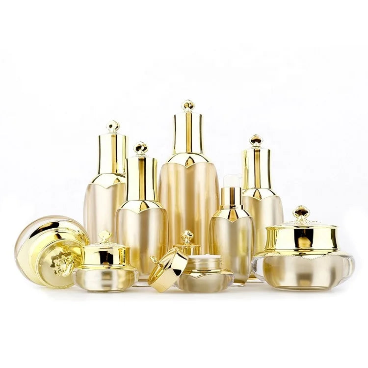 Luxury Gold Lotion Pump Bottle 30ml 50ml 100ml  Crown Cap 5g 10g 15g 30g 50g Face Cream Jar Skincare Acrylic Plastic Bottles