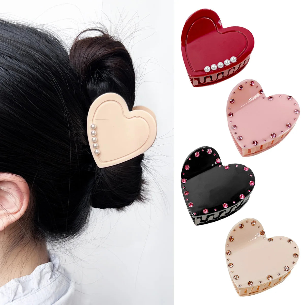 Women Fashion Fine Medium Acetate Crystal Heart Hair Claw Clip for Ponytail Holder Decoration