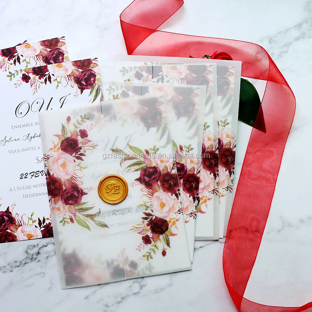 Pink Wedding Invitation Card Gold Foil Printing with Translucent Vellum Paper Wrap MegaBDM