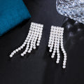 Sparkling Fringed White Cubic Zirconia Stone Silver Plated Beauty Luxury Long Dangly Drop Tassel Pageant Earrings for Women