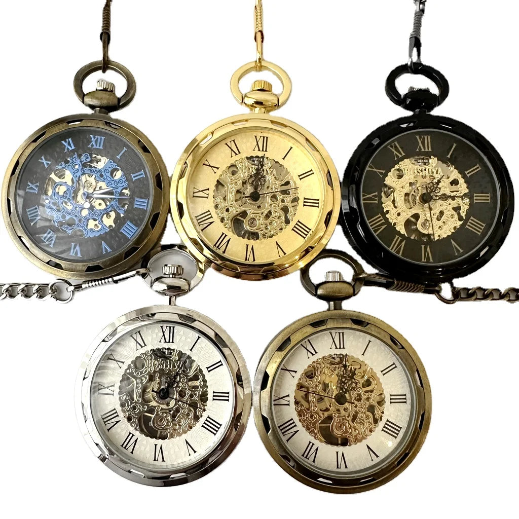 Antique Skeleton Hollow Mechanical Hand Winding Stainless Steel Pocket Watch