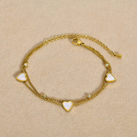 Hot Selling 18K Gold Plated Stainless Steel Chain Bracelet Zircon Heart Shell Double Layer Chain Bracelet Jewelry