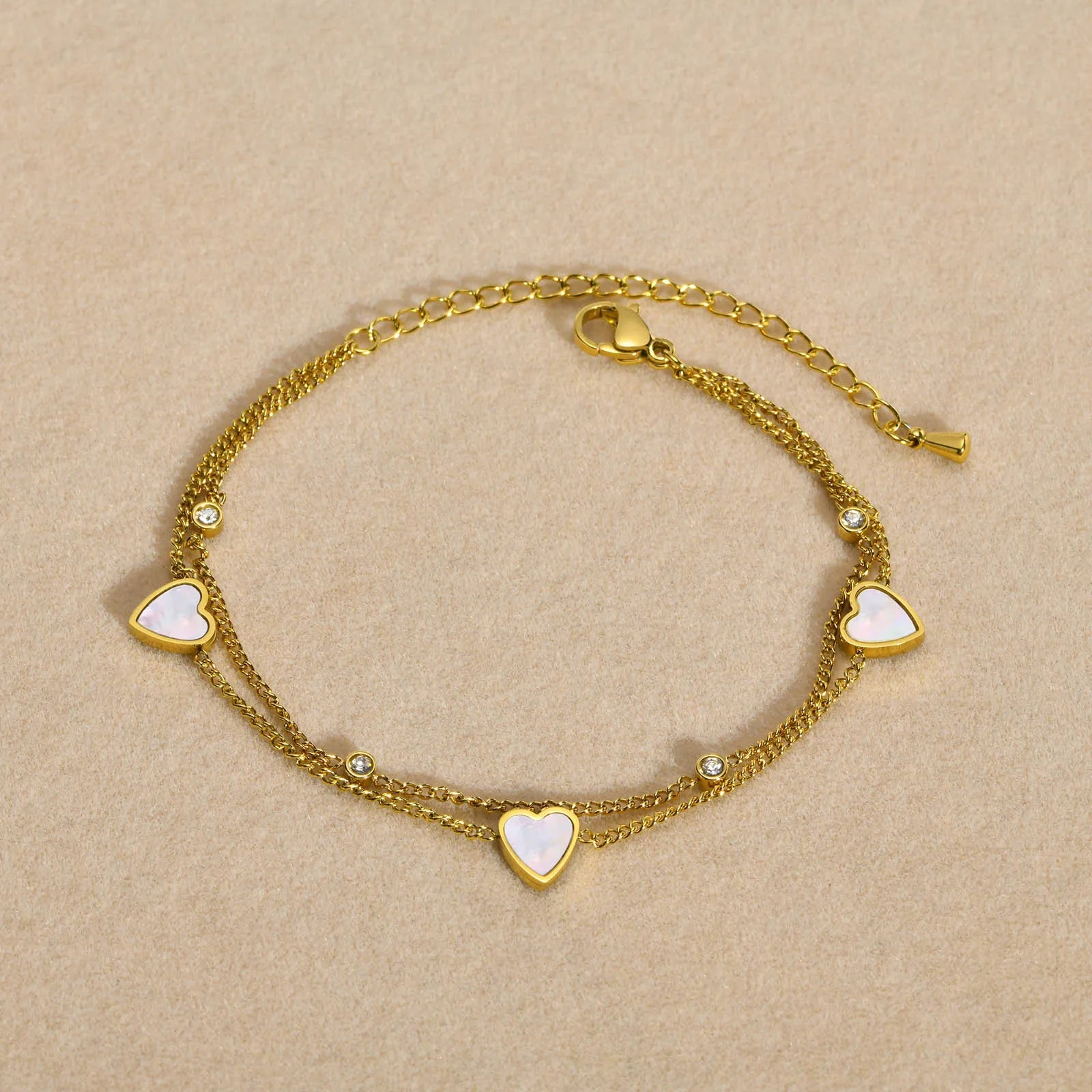 Hot Selling 18K Gold Plated Stainless Steel Chain Bracelet Zircon Heart Shell Double Layer Chain Bracelet Jewelry