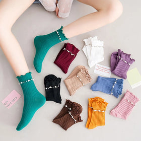 Wholesale Fashion Pretty Frilly Ruffle Socks With Pearls Aesthetic Cotton Crew Socks for Women