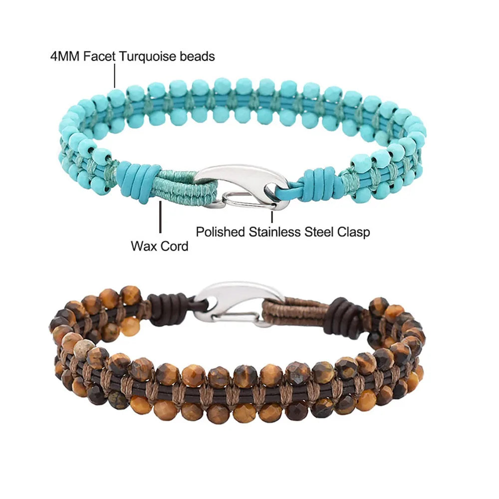 Fashion 4mm Faceted Tiger Eye Beaded for Bracelet for Men Daily Wear Stainless Steel Clasp Healing Energy Yoga Rope Jewelry