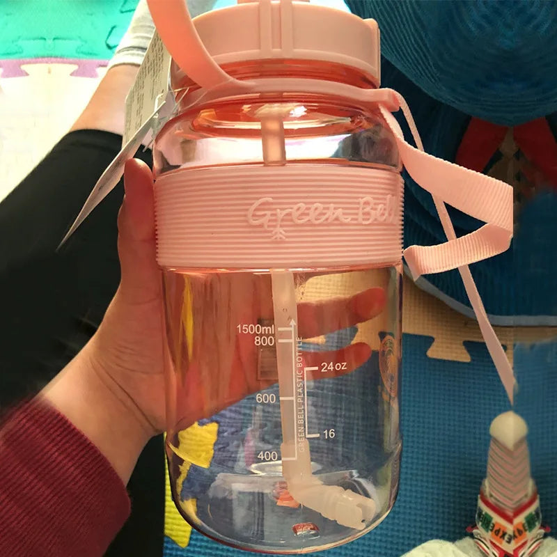 1500ml Plastic Water Bottle for Drinking Sports Water Cup With Straw and Straps Portable Travel Fitness MegaBDM