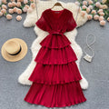 Chiffon Cake Dress V Neck High Waist a Line Multi Ruffles Elegant Dresses French Style Ladies Clothes