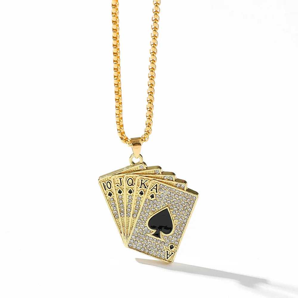 Europe and America Hot Selling Personalized Poker Pendant Gold Plated Necklace Creative Zircon Necklace Man Necklace for Men