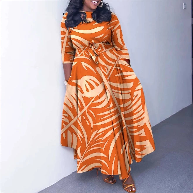 Women's Autumn and Winter New Fashion Long Dress Elegant Lace up Print Large Dress