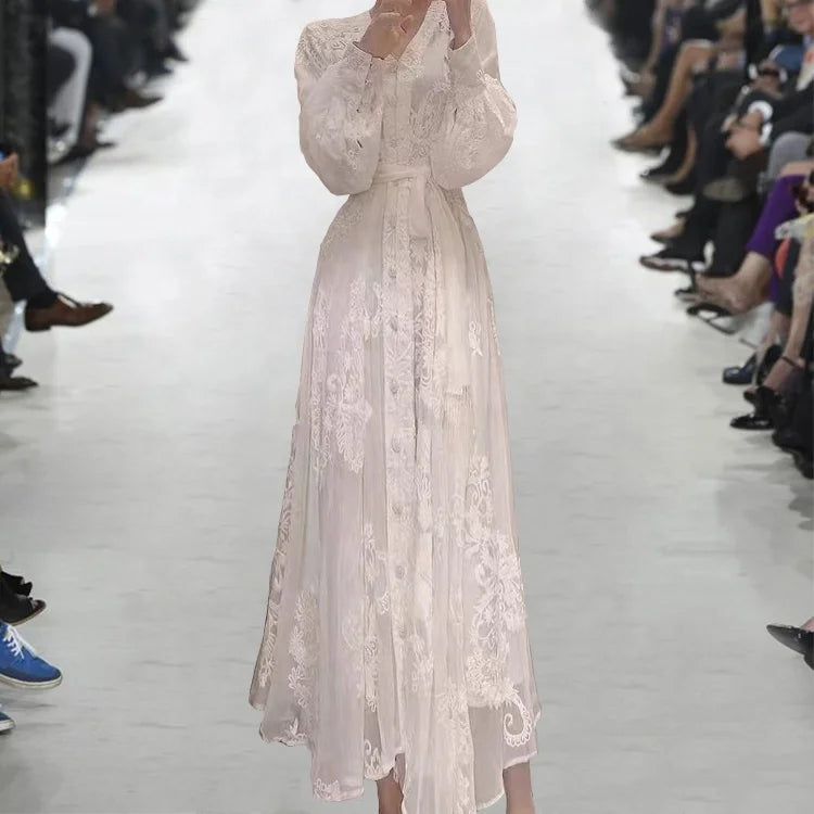 Large Size Heavy Industry Embroidery Dress Female Mid-length Autumn New Style V-neck Long-sleeved Temperament Ladies Style Dress