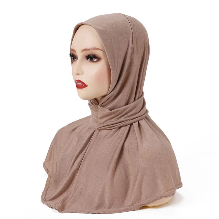 Women Stretchy Solid Color Muslim Turban Cap Breathable Snap Fastener Undercap Easy Wear Instant Hijab Jersey