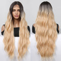 Japan Fiber Light Ginger Blonde Long Wavy Lace Wigs Natural Synthetic Lace Front Wig Dark Roots for Black Women Heat Resistant