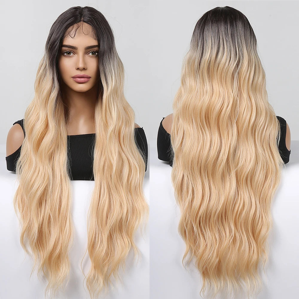 Japan Fiber Light Ginger Blonde Long Wavy Lace Wigs Natural Synthetic Lace Front Wig Dark Roots for Black Women Heat Resistant