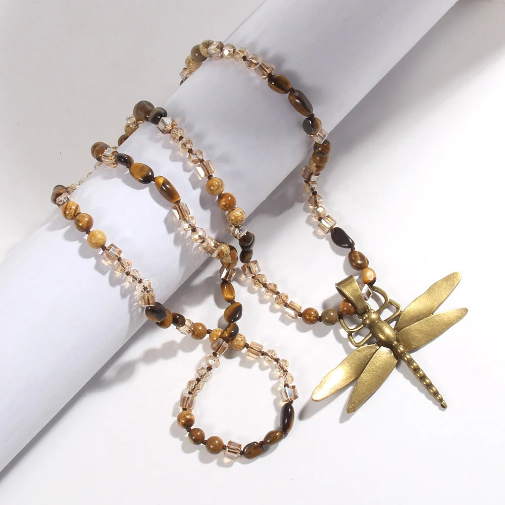 New Natural Gemstone Crystal Glass Necklace 6mm African Turquoise Pic Jasper Bronze Dragonfly Pendant Necklace