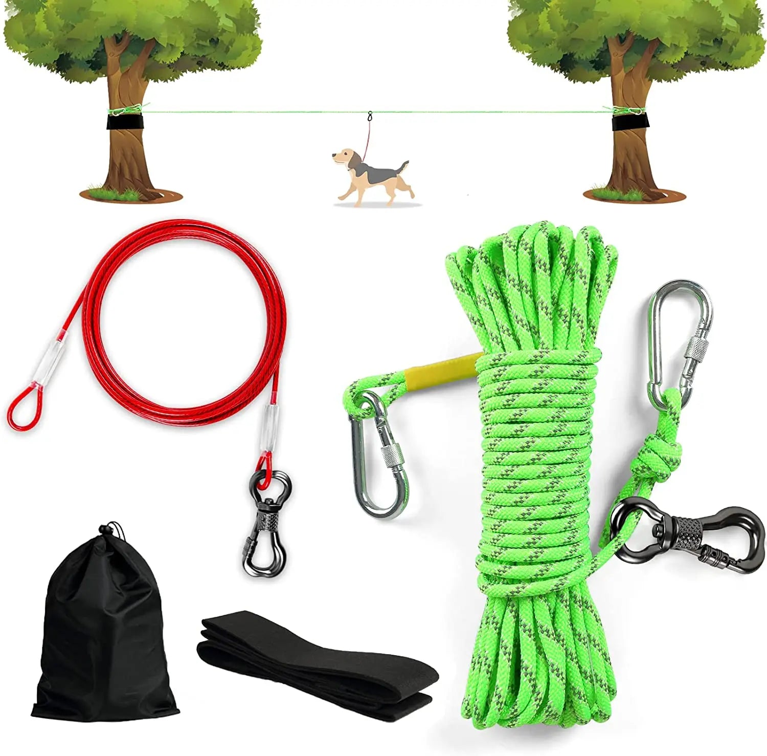Retractable Nylon Dog Tie-Out Cable with Scarf Decoration 50ft Overhead Trolley System for Dogs up to 200lbs Camping Use