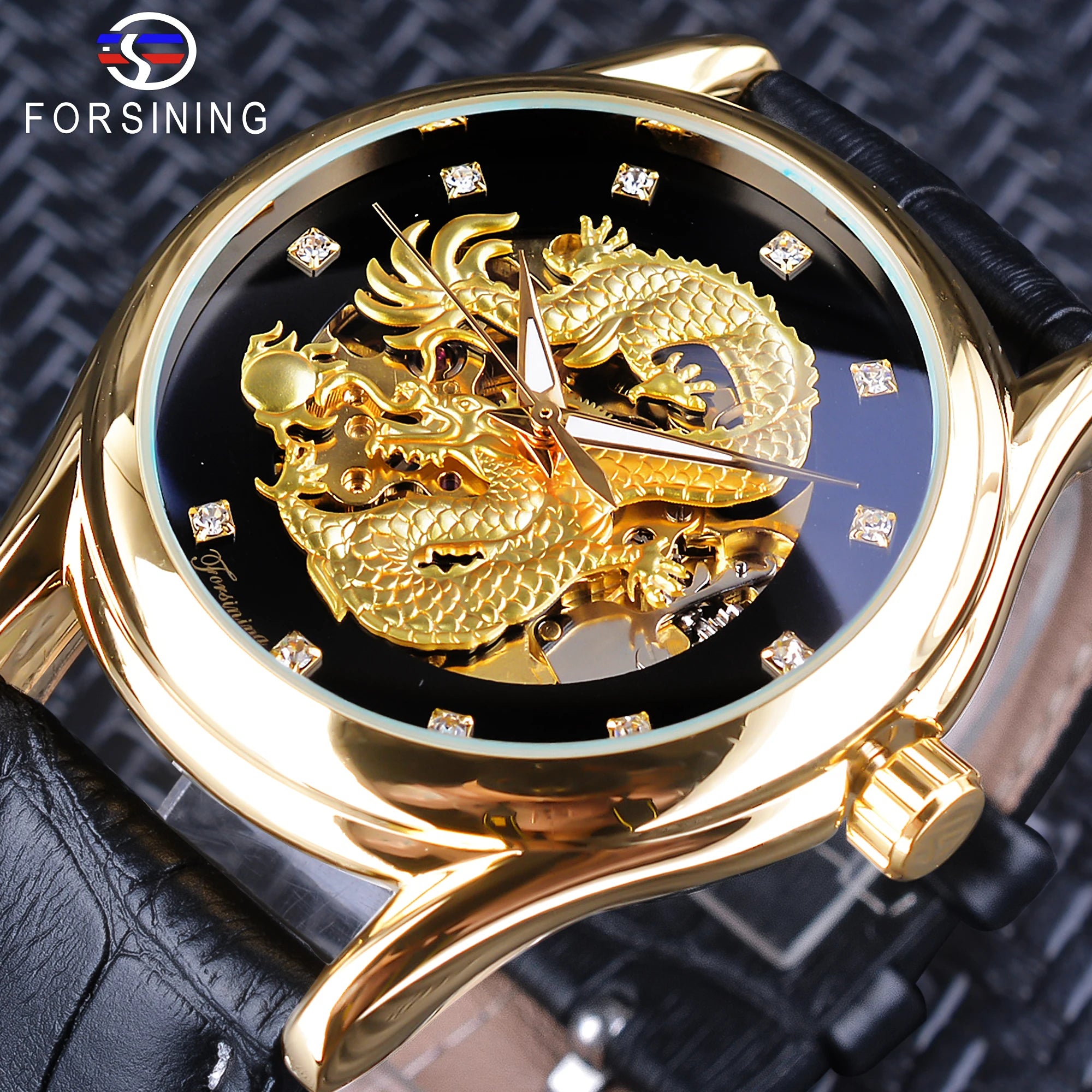 Forsining Dragon Display Golden Luminous Hand Men Watch Black Genuine Leather Waterproof Mechanical Clock