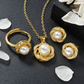 Fashion Wholesale Premium 18k Gold Plated Pearl Zircon Spiral Ring Earrings and Pendant Necklace Jewelry Set Women