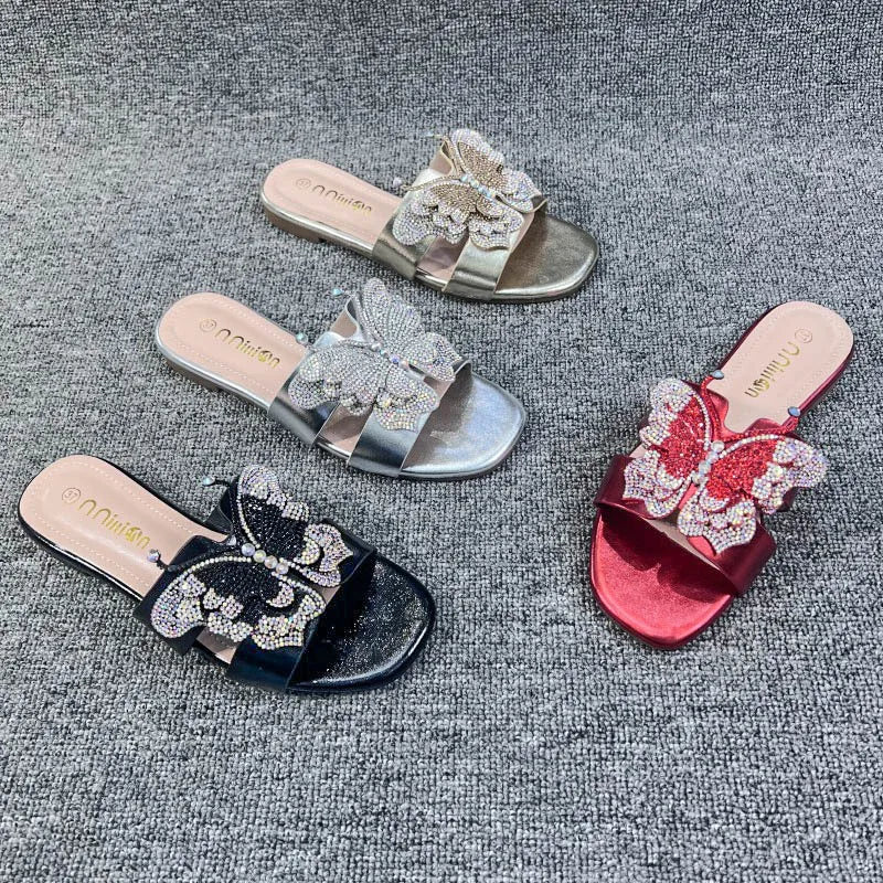 Women's Summer Flat Slip-on Shoes Fashionable African Style Drill Face Outer Wear Slippers Made Rubber PU Women's Slipper