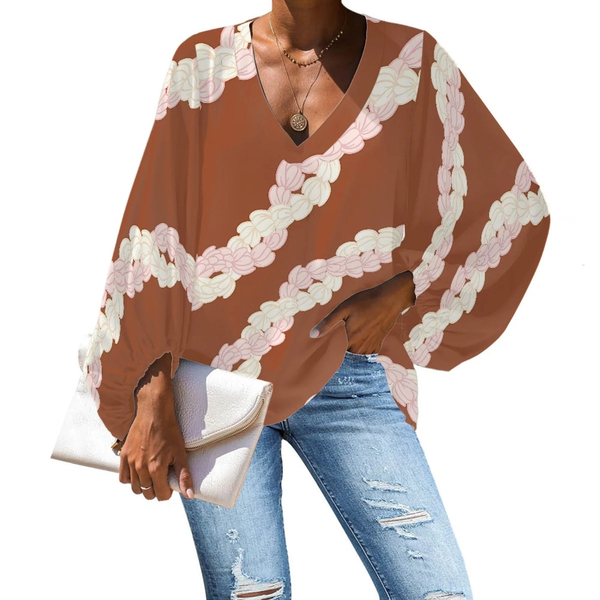 Polynesian Tribal Hawaii Plumeria Floral Chiffon Blouses Summer Long Puff Sleeve Beach Shirt V-neck Sexy Oversize Tops for Lady MegaBDM