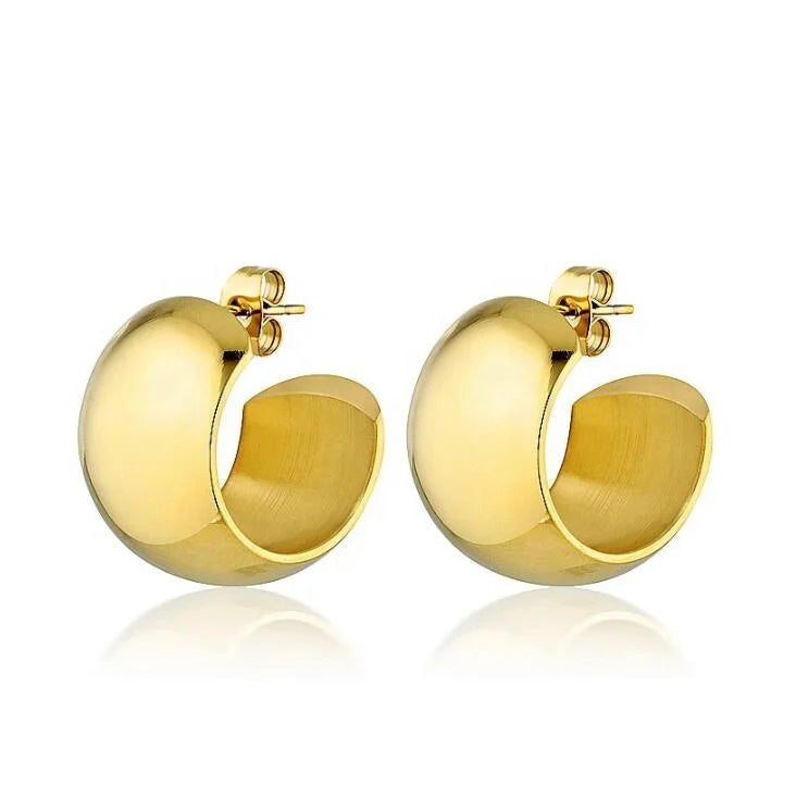 18k Gold Plated Classic Plain Wide Stud Thick Gold Hoop Earrings Women Minnimalist Small Earrings