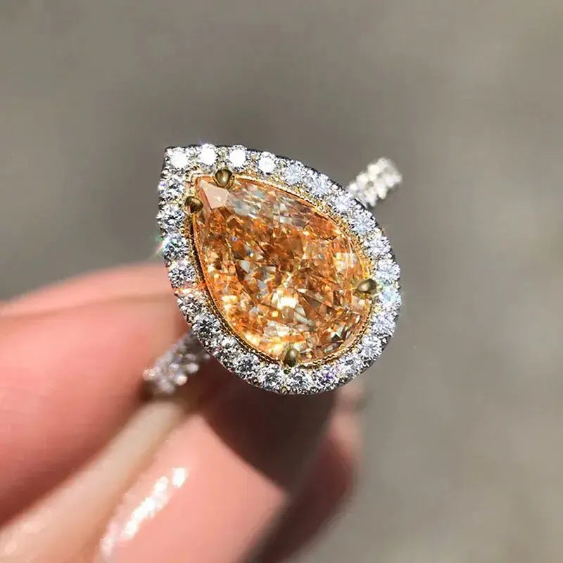 CAOSHI Classic Waterdrop Design Champagne Crystal Cubic Zirconia Finger Ring for Luxury Wedding Silver Plated CZ Rings for Women