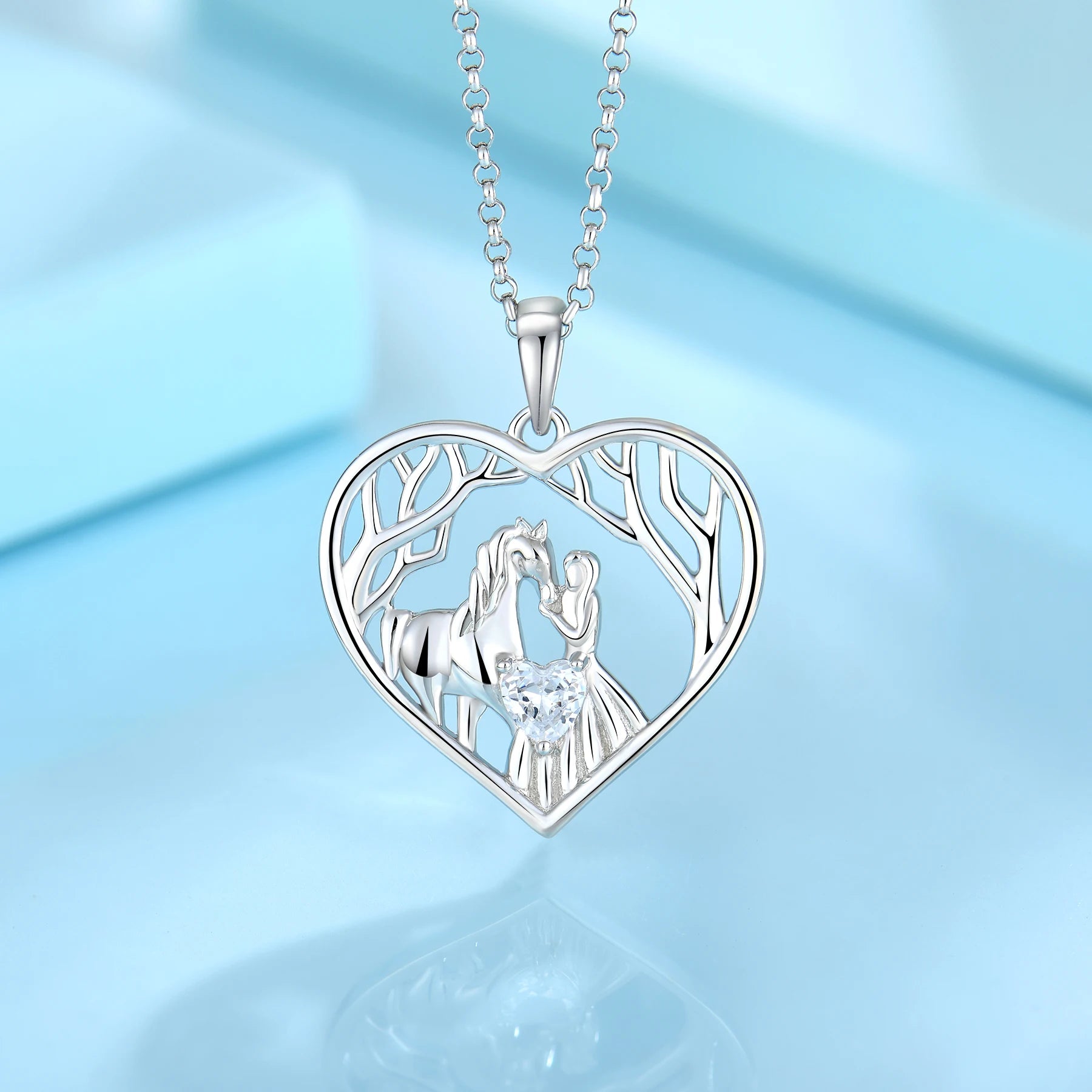 S925 Sterling Silver Cz Lovely Animal Heart Horse and Girls Pendant Necklace Jewelry Double Color Horse Necklace