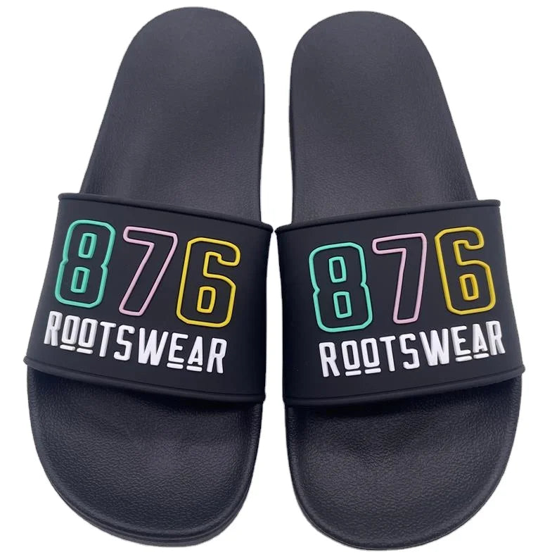 Custom Logo 3D Printed Anti-Slippery Quick-Drying Black Rubber Men's Mules Slippers Designer Embossed Strip Slide Footwear