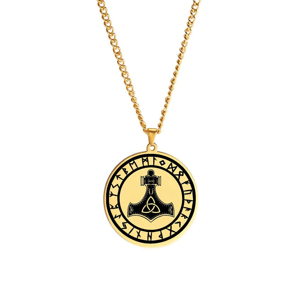 HLSS087 Laser Marking Thor's Hammer Mjolnir Viking Rune Circle Celtic Amulet Talisman Jewelry Stainless Steel Pendant Necklace