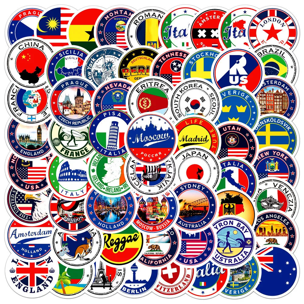60Pcs Global Mark Logo Decorative Stickers for Girl Kids Suitcase Laptop Bike Guitar Water Bottle Skateboard Vinyl PVC Decals