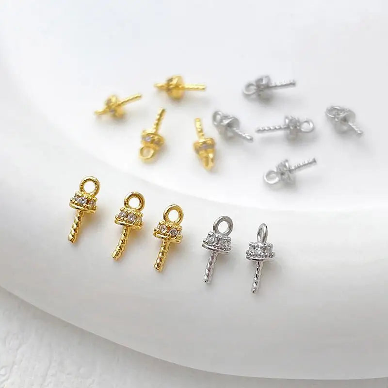 Cup Pearl Bail Pin Peg Pendants Gold Eye Pinch Bails CZ Zircon Round Pendant Screw Pins for Jewelry Making Accessories