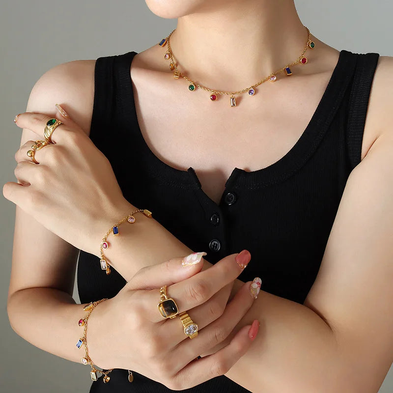 Popular 18K Gold Plated Round Colorful Zircon Gold Square Tassel  Choker Stainless Steel Necklace Bracelet Jewelry Set Woman