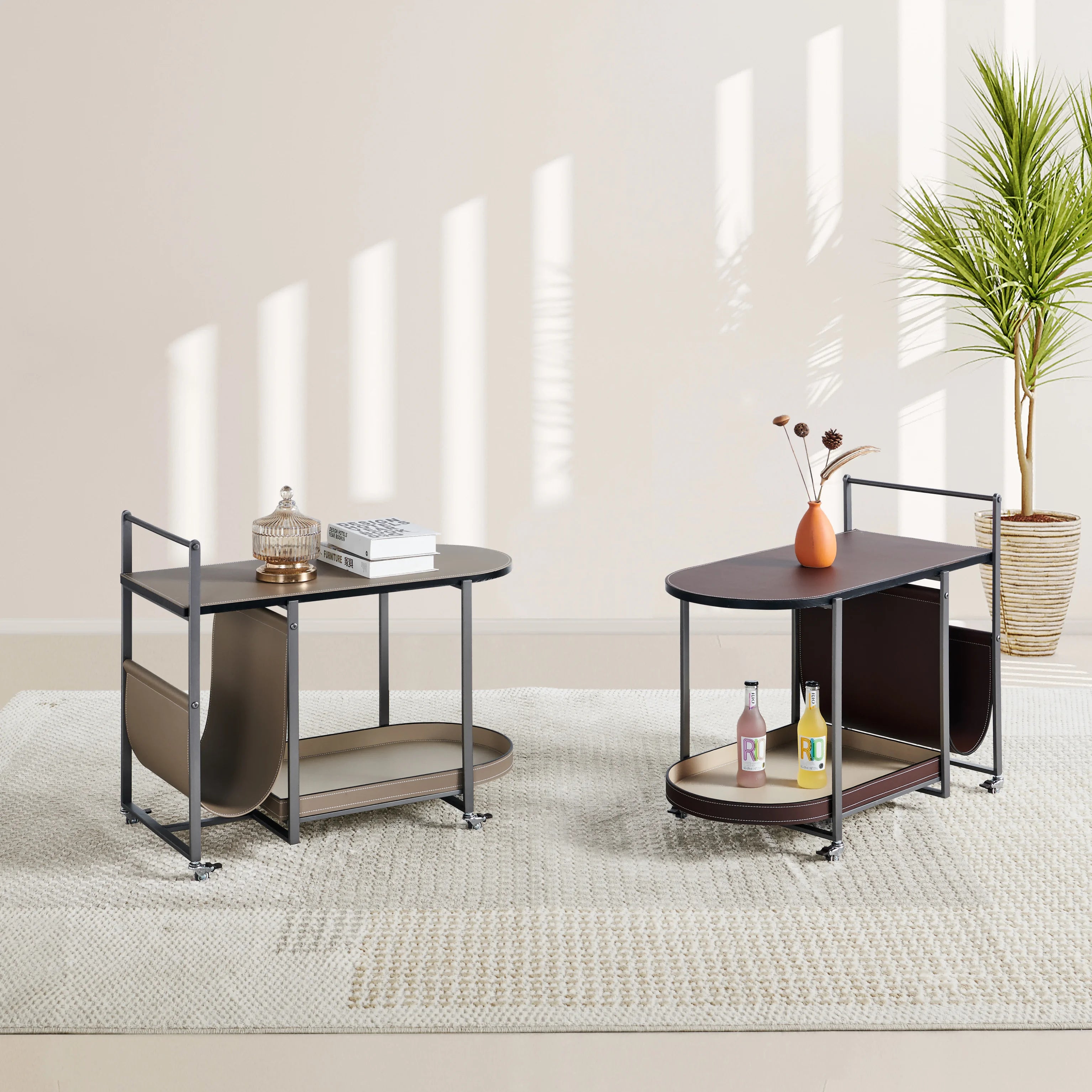 Modern Movable Leather Corner Table with Shelving Sense Trolley Design for Small Apartment Home Furniture Set