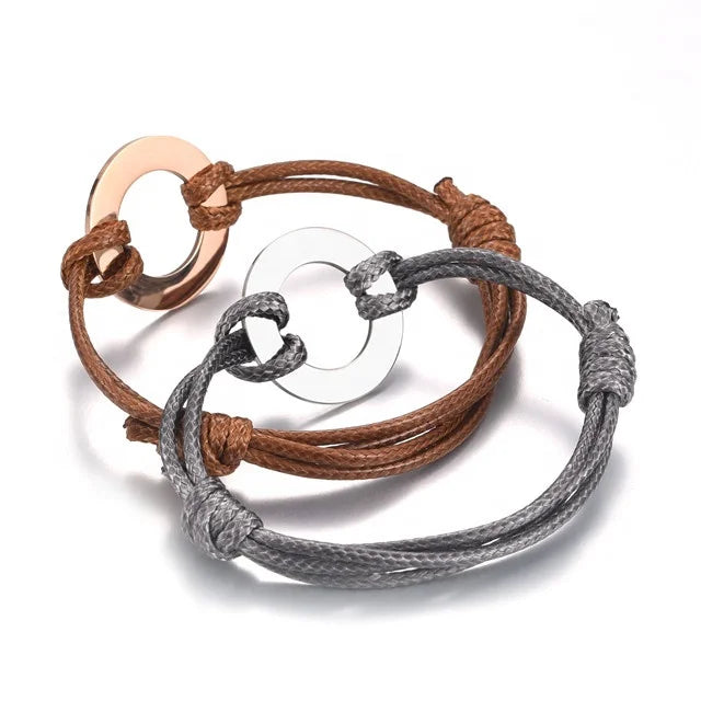 Yiwu Aceon Velle Stainless Steel Wax Leather Cord Hand Knot Promotional Gift Plain Circle Engrave Personalized Washer Bracelet