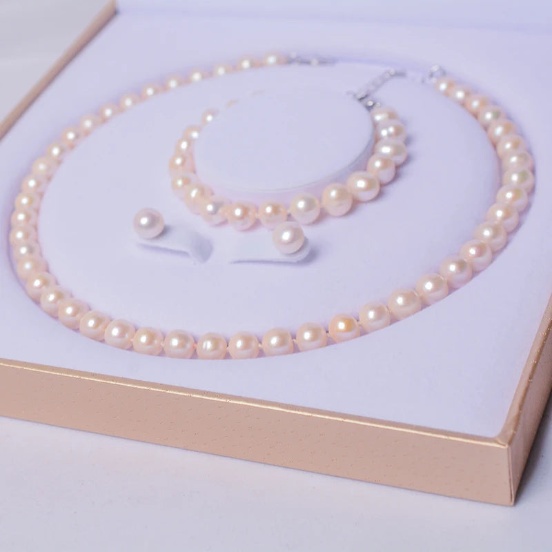 Haiyang Classic Platinum/Silver Plated Freshwater Pearl Earrings & Necklace Three-piece Set Hand String 8-9mm Unisex Jewelry