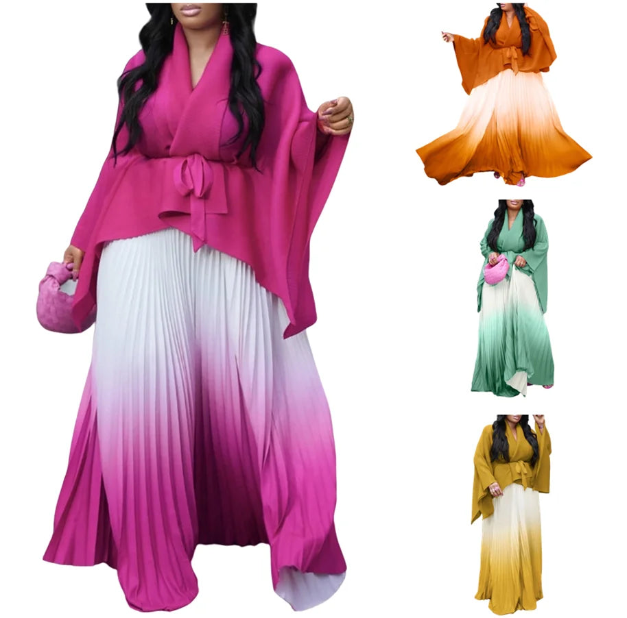 D3297 Latest Design Fall African Outfits for Women Irregular Lace up Top and Pleated Gradient Skirt Two Piece Set Women Clothing