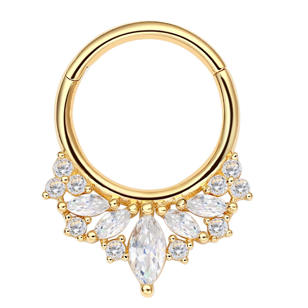 Eternal Metal 14K Solid Gold Facing 5 Marquise and Round 5A CZ Hinged Segment Hoop Ring Septum Clicker Daith Piercing Jewelry