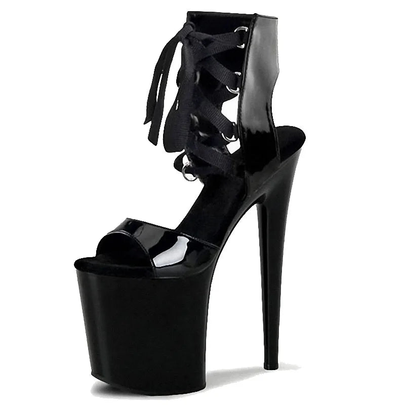 Black Fish Mouth Thin Heel 8-inch Dance Sandals Foot Fighter Lace up 20 cm Leaky Toe Sexy Banquet High Heels Large Women's Shoes