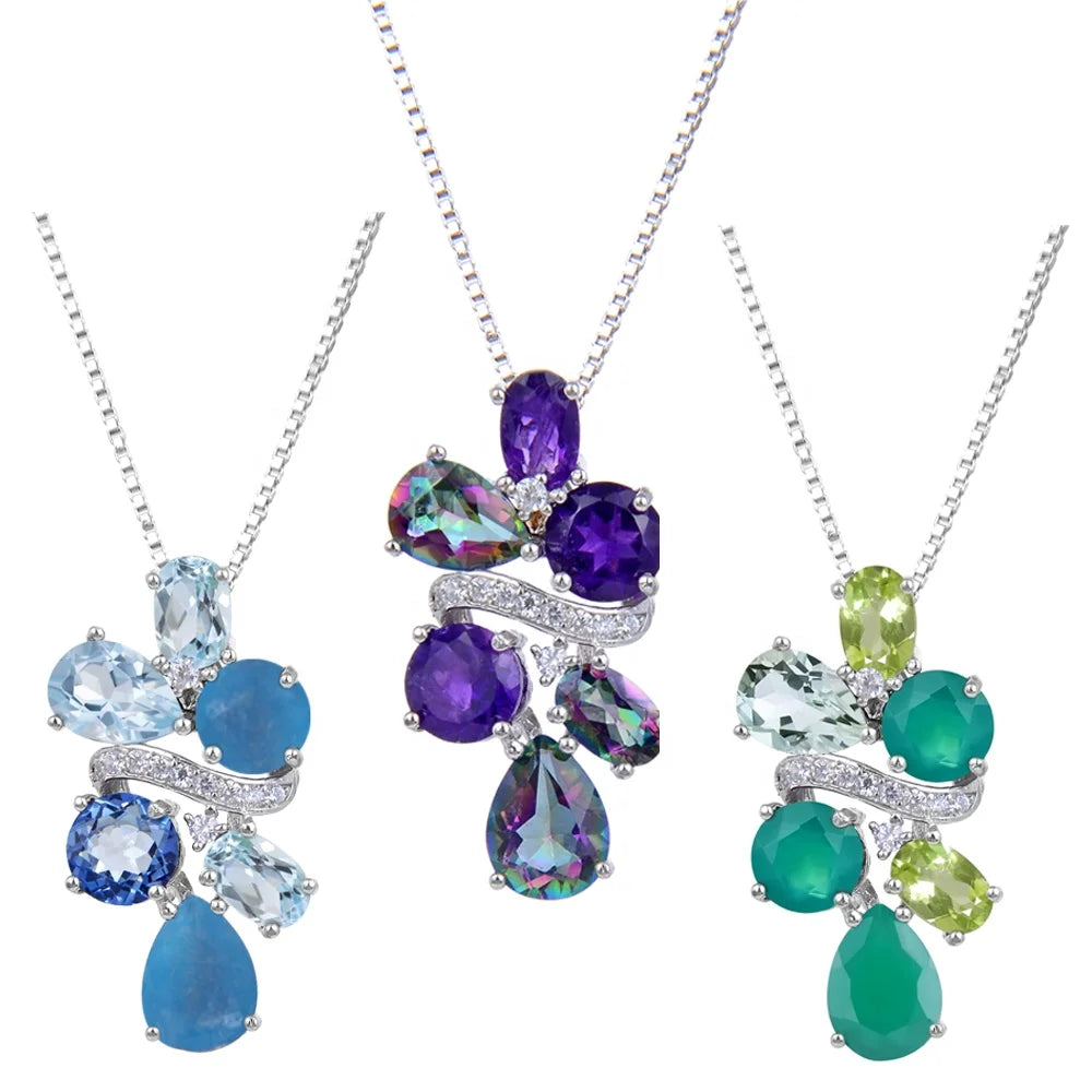 Abiding Multi Colored Natural Gemstone Luxury Fashion 925 Sterling Silver Cluster Pendant Necklace Jewelry for Women Wedding