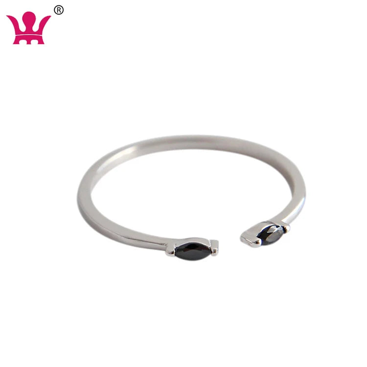 Olive Black Zirconia Minimalist Open Diamond Stacking Ring Simple Black CZ 925 Sterling Silver Adjustable Ring