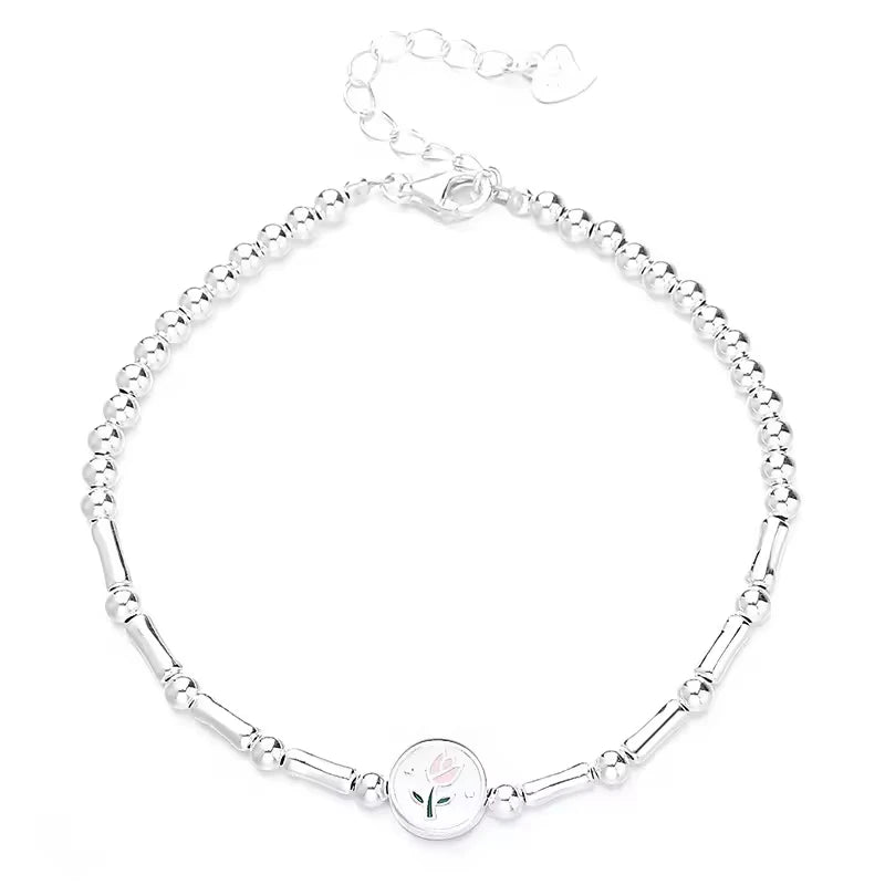 Romantic Tulip Fashion Charm S925 Silver White Gold Plated Fine Jewelry Valentine's Day Delicate Minimalist Bracelet for Women