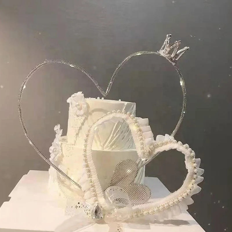 Bake Wedding Cake Topper Heart Wire Pearl Lace Crown Dessert Party Cake Decoration
