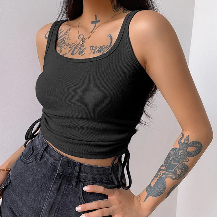Casual Solid O-Neck Camisole Crop Top Women Side Drawstring Ruched Black T-Shirt Female Tee Shirt Top for Women Clothing