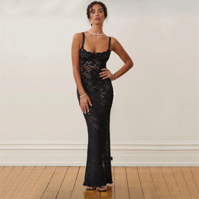 STOCK Halter Neck Sleeveless Women Bodycon Split Back Lace Evening Dress See Through Maxi Dress