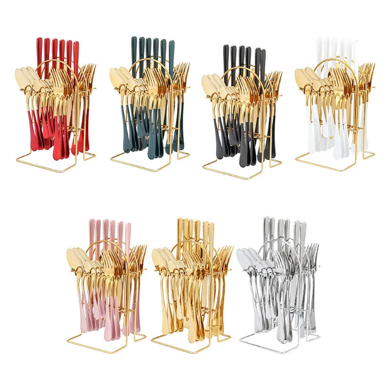 25pcs Stainless Steel Luxury Eco-Friendly Cutlery Set with Stand Business Gift Flatware Silverware Set